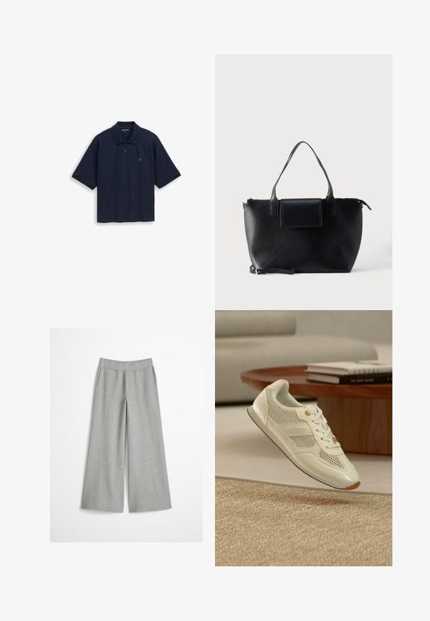 Polo bleu marine à manches courtes, avec un col et trois boutons. Présente un petit logo cœur bleu clair sur la poitrine.; Pantalon gris clair à jambes larges avec ceinture élastique, en tissu tricoté doux, présenté sur un fond blanc uni.; Baskets blanches en cuir et mesh avec lacets flottant au-dessus d'un tapis beige, table ronde en bois avec des livres et canapé clair en arrière-plan.; Sac cabas en cuir noir avec deux poignées, une bandoulière amovible, une fermeture à rabat magnétique et une texture lisse. Fermeture supérieure zippée et surpiqûres décoratives.