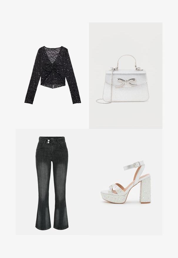 Zwarte lange mouwen top van textuurstof, met een geraffineerd frontdetail en verspreide pailletten voor glans. Verkorte ontwerp.; Zwart gewassen denim jeans met hoge taille, dubbele knoopsluiting, voorzakken en licht uitlopende pijpen.; Witte plateausandalen met een metallic afwerking, voorzien van twee gekruiste banden, een enkelband en een blokhak versierd met fonkelende edelstenen.; Kleine zilveren handtas met handvat bovenop, kettingriem en decoratieve strik met strass steentjes op de voorflap.