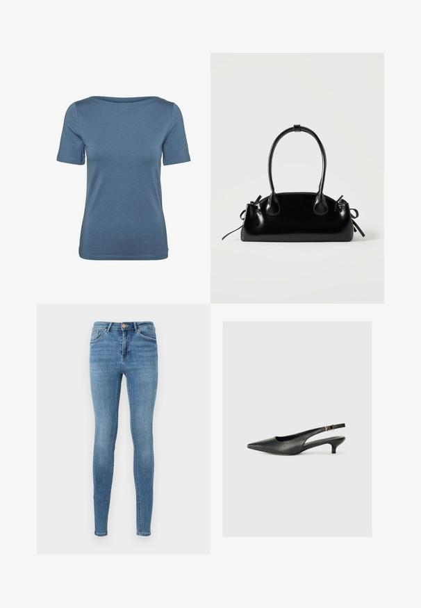 T-shirt bleu à manches courtes, coupe ajustée, avec un col rond et un tissu uni et lisse, présenté de face sur un fond blanc.; Jean skinny taille haute bleu avec poches avant, passants pour ceinture, fermeture à boutons et légère décoloration sur les cuisses et les genoux.; Chaussure slingback noire à bout pointu en cuir lisse. Présente un talon fin et un détail de boucle sur la sangle réglable.; Petit sac à main noir brillant avec deux longues anses et des détails à cordon sur les côtés sur un fond clair uni.