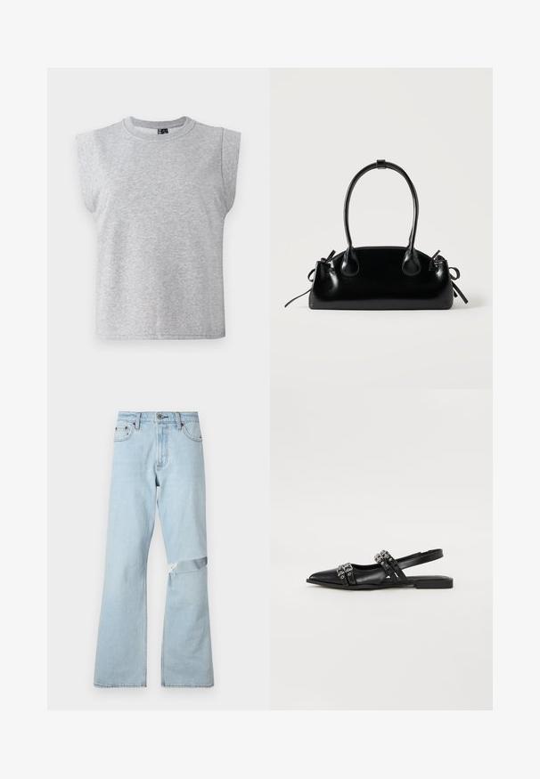 Grijze mouwloze t-shirt van zachte stof met een ronde halslijn en iets gepolsterde schouders, met een rechte zoom.; Lichtblauwe denim jeans met een uitlopende snit, met een verweerd stuk op de knie en standaard voorzakken.; Even&Odd by Zalando Slingback ballerina´s - black; Kleine zwarte glanzende handtas met twee lange hengsels en zijkant trekkoord details op een effen lichte achtergrond.