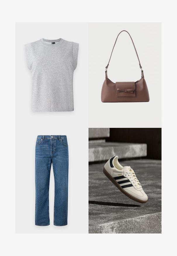 Grijze mouwloze t-shirt van zachte stof met een ronde halslijn en iets gepolsterde schouders, met een rechte zoom.; Blauwe denim jeans met een rechte pijp en een hoge taille. Kenmerken zijn onder andere voorzakken, een knoopsluiting en subtiele stiksel details.; Witte Adidas Samba sneaker met zwarte strepen en gumzool, zwevend boven gestructureerde grijze betonnen treden.; Bruine leren schoudertas met een voorvak met klep en een gestikte strikdetail en een verstelbare band.
