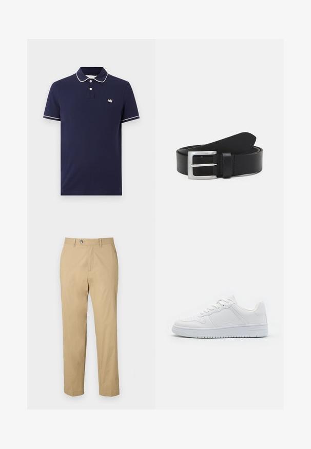 Polo bleu marine avec bordure blanche au col et aux manches, deux boutons blancs et petit logo couronne blanc sur la poitrine gauche.; Pantalons en mélange de coton beige avec une coupe droite, poches avant et fermeture à bouton. Texture lisse et ourlets retroussés.; Baskets blanches en matière synthétique lisse, avec des lacets plats, une pointe perforée et une semelle en caoutchouc dotée d'un motif de grip texturé.; Ceinture en cuir noir avec une texture lisse, boucle rectangulaire en argent et une boucle pour l'extrémité. Présente des coutures soignées le long des bords.