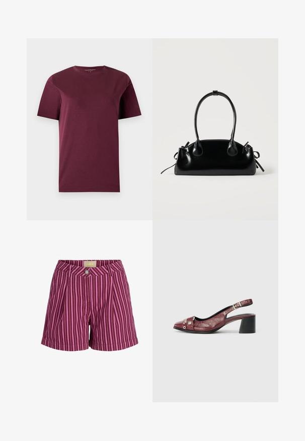 T-shirt bordeaux uni à manches courtes et col rond, présenté à plat sur un fond clair.; Short rayé vertical violet et rose avec fermeture boutonnée et passants de ceinture, présentant des plis à l'avant et une étiquette de marque JJXX à l'intérieur de la ceinture.; Chaussure slingback en cuir bordeaux avec un bout arrondi, un design incurvé, des accents en métal argenté et un talon bloc. Finition texturée.; Petit sac à main noir brillant avec deux longues anses et des détails à cordon sur les côtés sur un fond clair uni.