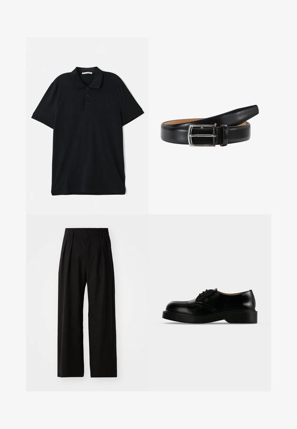 Sort polo shirt lavet af bomuld, med en klassisk krave, tre-knaps lukning, korte ærmer og en diskret logo detaljer på forsiden.; Sorte bukser med vid ben, der har en glat overflade, to frontplisseringer, knaplukning og sidelommer. Holdbart stof.; Sort poleret læder snørestøvle med tyk sål, rundet tå og lav hæl, vist fra siden på en ensfarvet baggrund.; Sort læderbælte med en glat overflade, der har en sølv rektangulær spænde og et lyst interiørfoder. Enden er tilspidset for et elegant udseende.