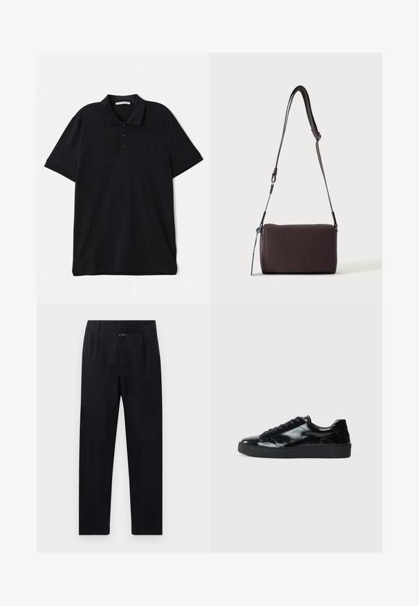 Must värvi polo särk, mis on valmistatud puuvillast, klassikalise kraega, kolmeknöppliga, lühikeste varrukate ja peene logodetailiga ees.; Mustad puuvillased püksid sirge säärte disainiga, millel on ees voldid, küljetaskud ja luku sulgemine. Tekstuurne kangas.; Mustad musta läikiva naha spordijalatsid, ümarate varvastega, nööbikirjaga, tekstuurse kummitald ja sileda viimistlusega.; Tumepruun tekstureeritud nahast üle õla kantav kott, reguleeritava rihmaga ja väikese sinise dekoratiivse aktsendiga küljes.