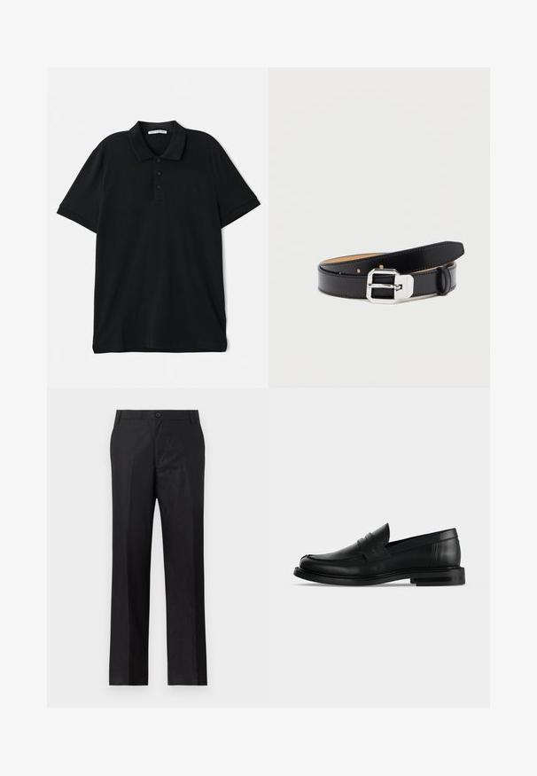 Polo negro de algodón, con cuello clásico, tapeta de tres botones, mangas cortas y un discreto detalle del logo en la parte frontal.; Pantalones negros de corte recto con cinturilla, trabillas para cinturón, botón delantero y cierre de cremallera, mostrados sobre un fondo blanco.; Mocasín penny negro de cuero para hombre con tacón bajo y apilado y puntera redondeada, mostrado de lado sobre un fondo gris claro.; Cinturón de cuero negro con una hebilla rectangular plateada brillante, que presenta una superficie lisa y múltiples orificios de ajuste a lo largo de su longitud.