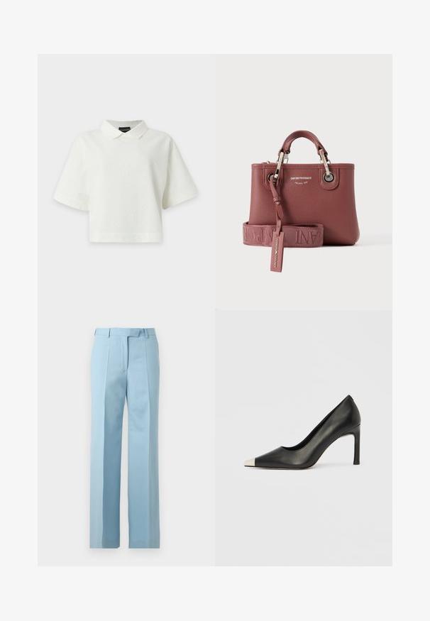 Top court blanc à manches courtes, texturé, avec un col pointu, une coupe ample et un motif chevron subtil, présenté sur un fond blanc uni.; Pantalon bleu clair sur mesure avec taille haute, passants de ceinture, plis devant et coupe droite sur fond blanc.; Chaussure à talon haut en cuir noir avec bout pointu et capuchon argenté métallique. Présente une finition lisse et un talon fin de 10 cm.; Petit sac à main en cuir mauve texturé avec poignées supérieures, ferrures argentées et une large bandoulière assortie embossée d'un nom de marque.