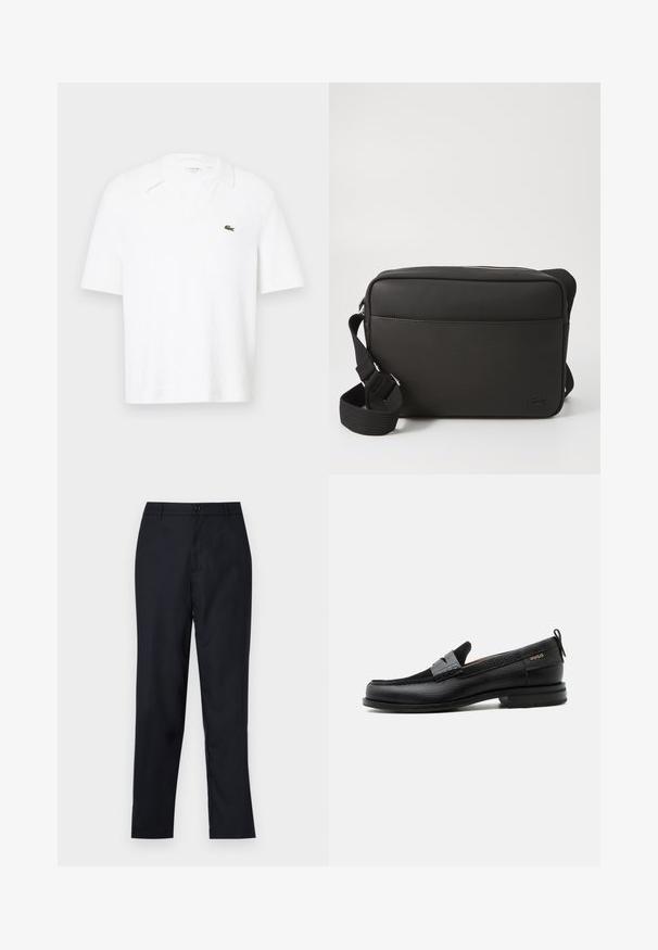Polo shirt blanc à manches courtes en tissu texturé. Présente un col en V et un petit logo vert sur la poitrine gauche.; Pantalon bleu marin en tissu lisse, avec un design à jambe droite, une fermeture à bouton unique et de légères plis avant.; Mocassin en cuir noir avec détail de bride grise, talon bas et semelle texturée, marqué "HUGO" en or sur le côté.; Sac messager noir en tissu texturé, avec une fermeture zippée, une bandoulière réglable et un logo en relief sur le panneau avant.