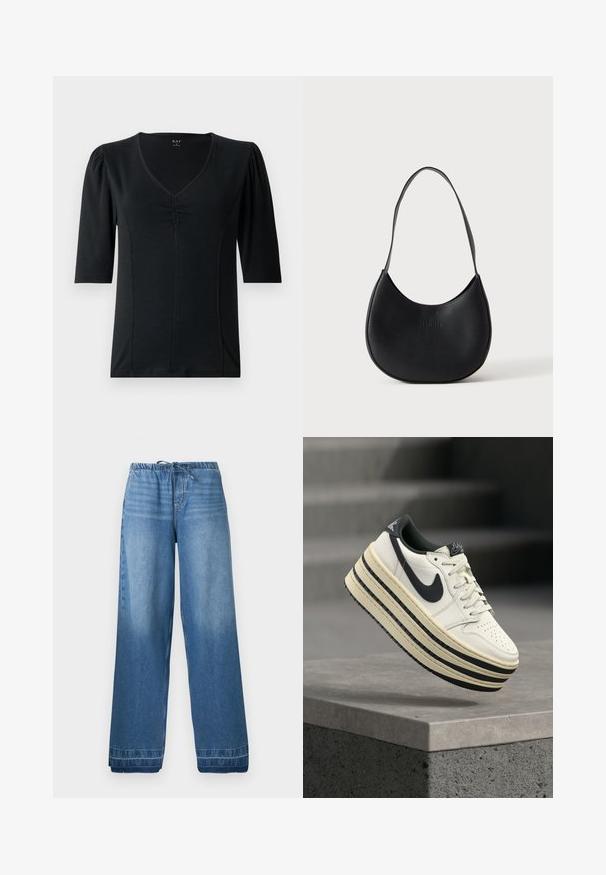 Haut noir à manches courtes avec un col en V, présentant des détails froncés au centre et un tissu lisse et élastique.; Pantalon en denim bleu à jambes larges avec ceinture élastique et cordon de serrage, présentant des zones légèrement délavées et des ourlets cousus.; Baskets montantes Nike avec dessus en cuir crème, accents noirs, semelle superposée et embout perforé pour la ventilation.; Sac à épaule en cuir noir en forme de croissant avec une bandoulière unique et un nom de marque discrètement embossé sur un fond clair uni.