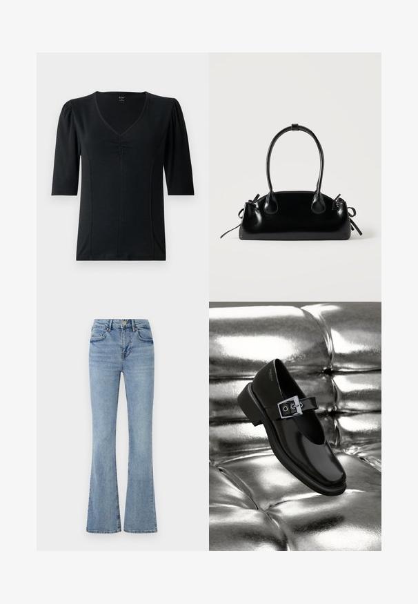 Haut noir à manches courtes avec un col en V, présentant des détails froncés au centre et un tissu lisse et élastique.; Jeans en denim bleu clair avec une taille haute, un bouton et une fermeture éclair à l'avant, cinq poches et des jambes légèrement évasées.; Chaussure Mary Jane en cuir noir avec un bout carré, un accent de boucle en argent et un talon bas épais, sur un fond argenté brillant.; Petit sac à main noir brillant avec deux longues anses et des détails à cordon sur les côtés sur un fond clair uni.