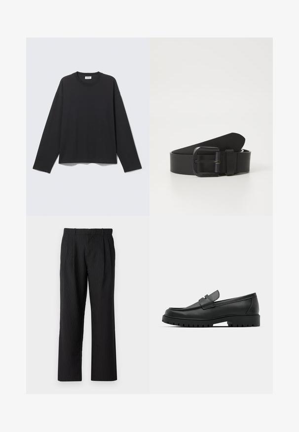 Zwart shirt met lange mouwen en ronde hals, eenvoudige, losse pasvorm, plat gelegen op een lichtgrijze achtergrond.; Jack & Jones Classic Wide Leg Fit - Broek - black; Zwarte leren instappers met een ronde neus, voorzien van een gestikt ontwerp, een lage platformzool en een gestructureerde, grof rubberen buitenzool.; Zwarte lederen riem met een rechthoekige metalen gesp, met een gladde textuur en een glanzende afwerking. De riem is strak en minimalistisch.