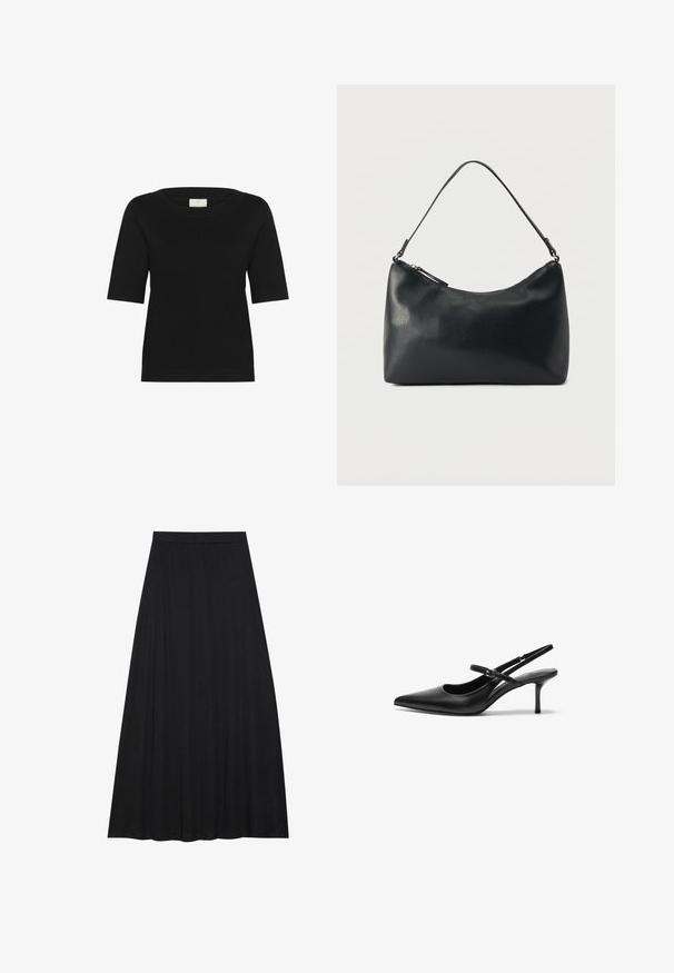 Un haut tricoté noir à manches courtes avec un large col bateau, une texture côtelée et un ourlet droit. Fabriqué en tissu doux et respirant.; Jupe maxi noire en tissu doux et fluide. Elle présente une taille élastique et une silhouette évasée en A avec une texture lisse.; Talons aiguilles noires en cuir avec un bout pointu, une fine bride réglable, et un talon aiguille d'environ 5 cm, texture lisse.; Sac bandoulière en cuir noir texturé avec fermeture éclair incurvée en haut et une seule sangle ajustable sur fond uni.
