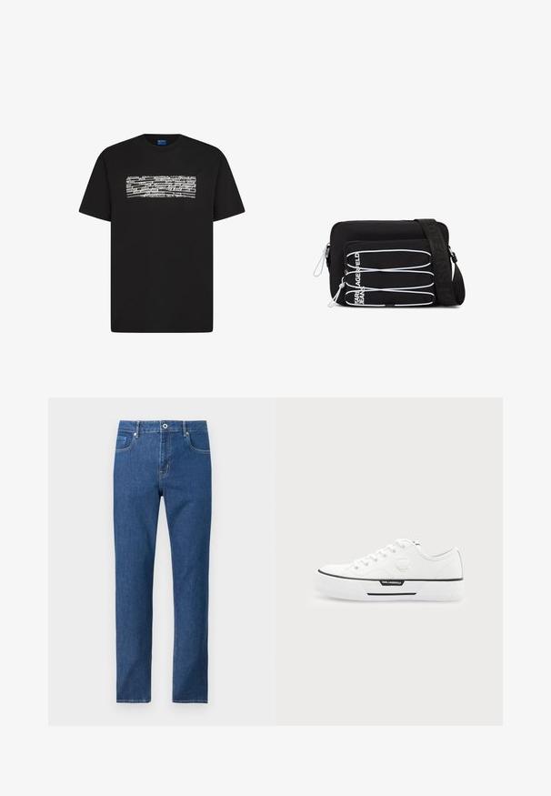 Μαύρο κοντομάνικο T-shirt με στρογγυλή λαιμόκοψη και ορθογώνιο λευκό γραφικό που φέρει επαναλαμβανόμενο κείμενο «KARL LAGERFELD JEANS» σε διάφορες γραμματοσειρές.; Μπλε τζιν παντελόνι με ίσια γραμμή, με κουμπί και φερμουάρ στο μπροστινό μέρος, με τσέπες εμπρός και πίσω, παρουσιάζεται σε λευκό απλό φόντο.; Λευκό χαμηλό sneaker με παχιά σόλα, δέσιμο με κορδόνια μπροστά, λεπτομέρεια μαύρης ρίγας και λογότυπο Karl Lagerfeld στο πλάι και στην ταμπέλα της φτέρνας.; Μαύρη τσάντα ώμου με άσπρα ελαστικά κορδόνια στην μπροστινή τσέπη και ρυθμιζόμενο λουρί με ανάγλυφη επιγραφή "JEANS".