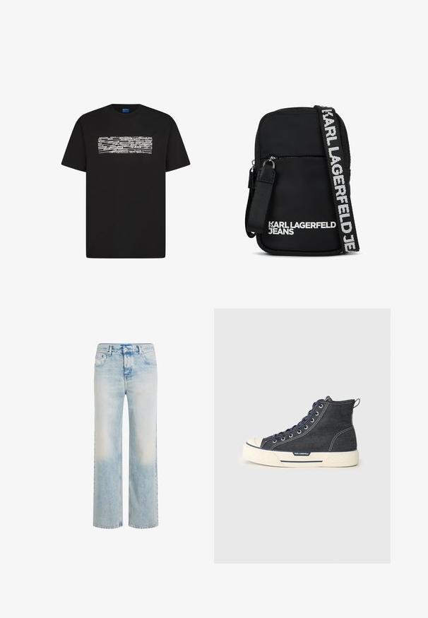Μαύρο κοντομάνικο T-shirt με στρογγυλή λαιμόκοψη και ορθογώνιο λευκό γραφικό που φέρει επαναλαμβανόμενο κείμενο «KARL LAGERFELD JEANS» σε διάφορες γραμματοσειρές.; Ανοιξιάτικο γαλάζιο τζιν με ίσια γραμμή, ξεθωριασμένο πλύσιμο, μπροστινό κούμπωμα με κουμπί και φερμουάρ, και σχεδιασμό με πέντε τσέπες.; Ψηλοί αθλητικοί τύποι από σκούρο τζιν με κρέμα λάστιχο, που διαθέτουν ναυτικές δέστρες και ταινία τραβήγματος πίσω. Λογότυπο στο πλάι.; Μαύρη τσάντα χιαστί με ορθογώνιο σχήμα, που διαθέτει μπροστινή τσέπη με φερμουάρ και λευκή λωρίδα με λογότυπο σε αντίθεση.