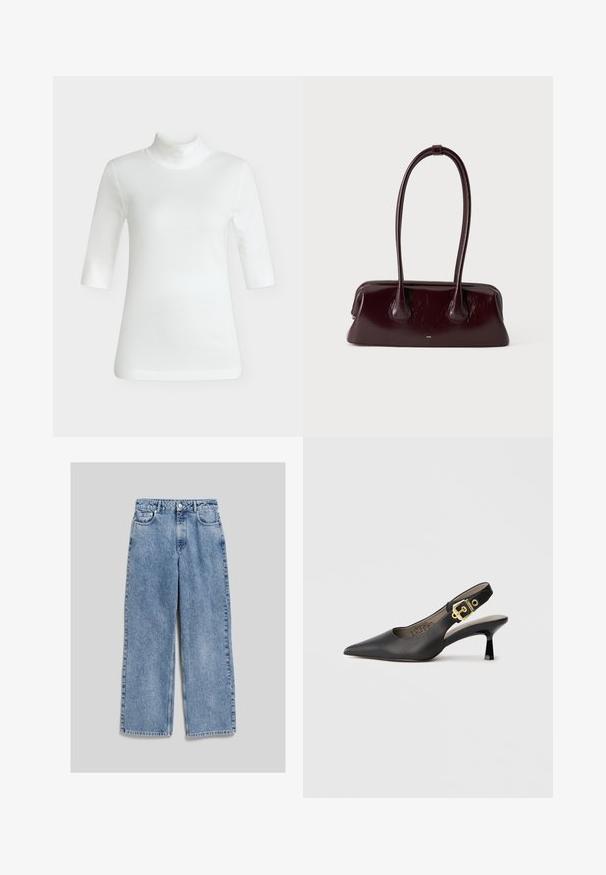 Haut blanc côtelé à manches mi-longues avec col roulé et coupe ajustée, présenté sur un fond gris neutre.; Jean en denim bleu clair avec une coupe droite, cinq poches, passants pour ceinture et fermeture à bouton, posé à plat sur un fond gris.; Chaussure à talon haut noire à bride arrière, avec un bout pointu, une texture en cuir lisse et une accent de boucle dorée sur la bride.; Sac à main en cuir brun foncé brillant avec de longues anses fines et une base rectangulaire structurée sur un fond clair uni.