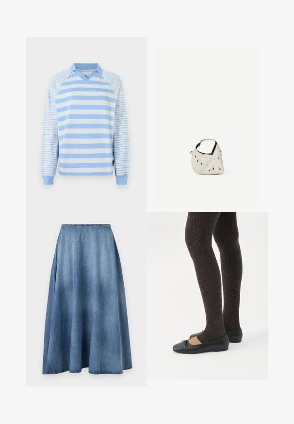 Polo à manches longues rayé bleu clair et blanc avec un col en V, doté d'un col côtelé et de poignets élastiques. Design simple et matière en coton.; Jupe trapèze en denim bleu avec un léger délavage et de petits détails en fil rouge près de la taille, sur un fond blanc uni.; Jambes portant des leggings côtelés foncés associés à des ballerines noires avec de petits détails en nœud sur fond blanc.; Petit sac à main blanc avec des taches marron, forme triangulaire arrondie, doublure intérieure noire et bandoulière courte réglable avec boucle argentée.