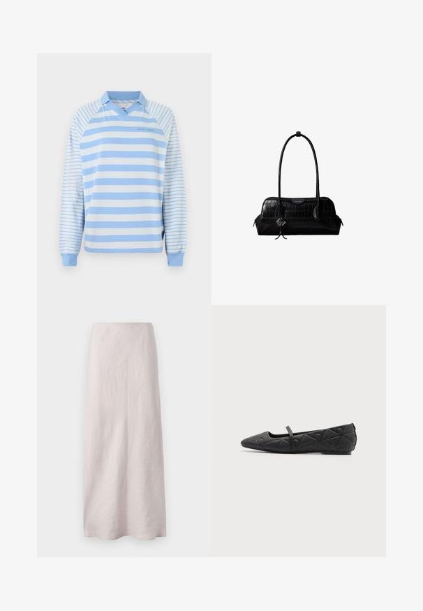 Polo à manches longues rayé bleu clair et blanc avec un col en V, doté d'un col côtelé et de poignets élastiques. Design simple et matière en coton.; Jupe maxi en lin rose pâle au design épuré et droit. Le tissu présente une surface légèrement texturée et une taille élastique.; Chaussure plate noire à bout pointu avec motifs géométriques matelassés et une fine bride sur le cou-de-pied sur fond uni.; Sac à épaule en cuir noir à texture crocodile, avec de longues sangles et un petit charm logo argenté sur une sangle.