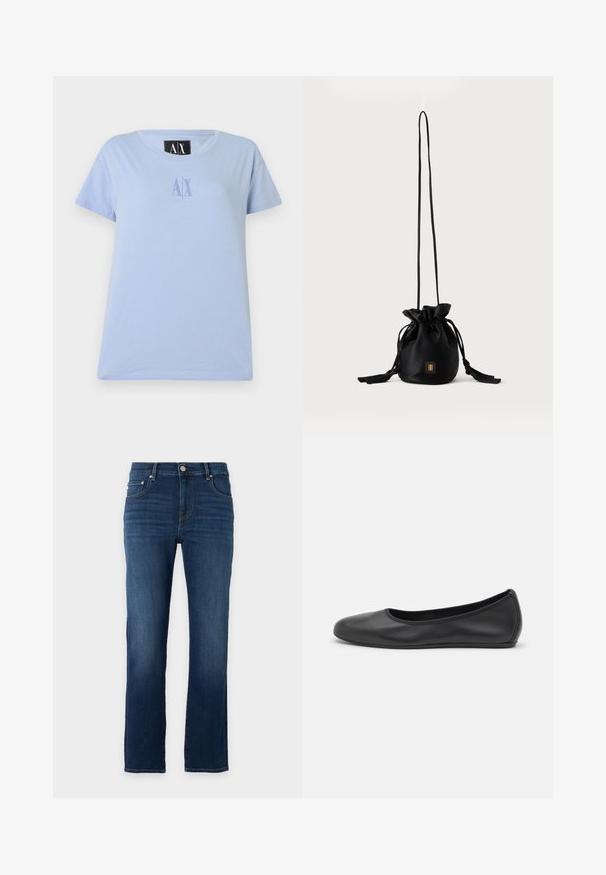 T-shirt bleu clair à manches courtes avec encolure ronde et petit logo "AX" centré sur la poitrine, assorti en bleu.; Jean en denim bleu foncé à jambe droite avec cinq poches et fermeture par bouton sur un fond clair uni.; Ballerines en cuir noir avec un bout rond, texture lisse, détails de couture minimalistes et design de semelle flexible.; Sac seau noir à cordon avec une longue sangle fine et un petit logo carré doré sur le devant, présenté sur un fond uni.