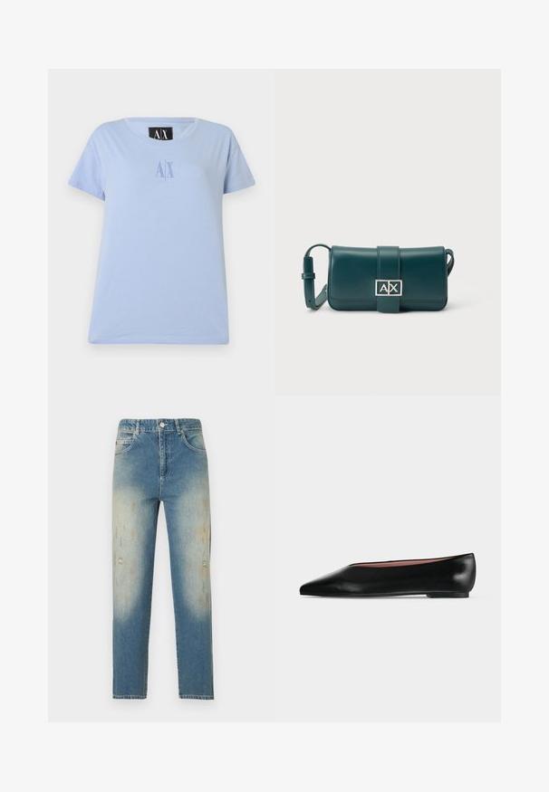 T-shirt bleu clair à manches courtes avec encolure ronde et petit logo "AX" centré sur la poitrine, assorti en bleu.; Jean droit bleu clair taille haute avec des détails décolorés et usés sur l'avant des cuisses et les genoux.; Chaussure plate en cuir noir pour femme, avec bout pointu et petit talon, vue de côté sur un fond gris clair uni.; Sac bandoulière en cuir vert foncé avec sangle réglable et boucle argentée arborant le logo "AX" sur le rabat avant.