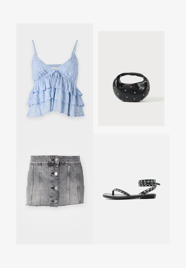 Lyseblå, mønstret cami med justerbare spaghetti-stropper, der har en samlet bodice og lagdelt volangdesign. Blød stoftekstur.; Grå denimskørt med høj talje, fem sølvknapper, lodrette syninger og rå kant. Har en tætsiddende silhuet og en blød tekstur.; Sort flad sandal med tynde stropper, sølvnitter og ankelrem med spænde på en ensartet lys baggrund.; Sort læderhåndtaske med en rundet form, dekoreret med sølvnitter, og et kort håndtag. Glat tekstur og lynlåslukning.