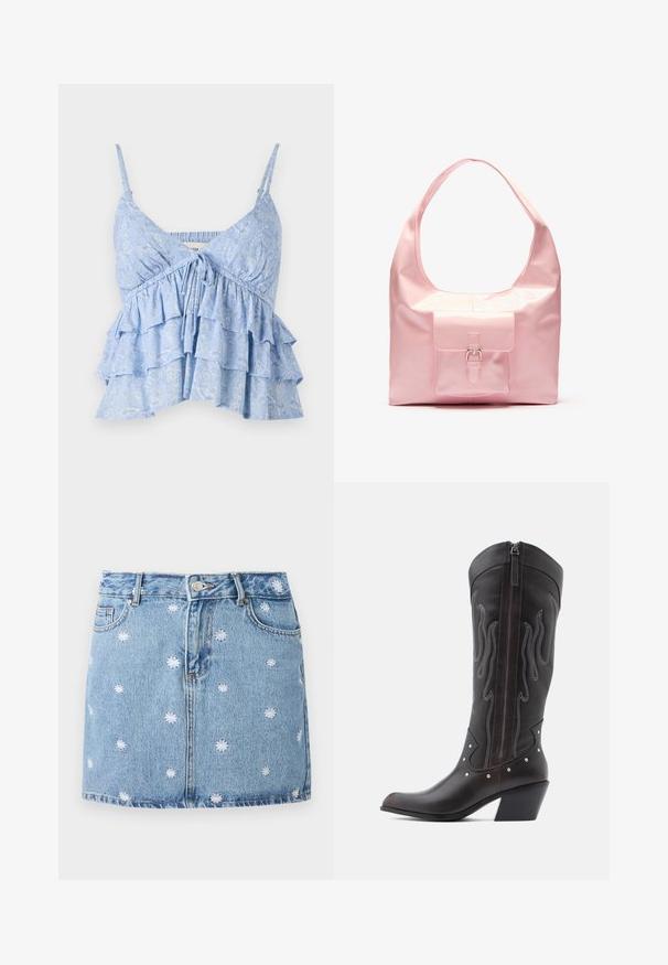 Lyseblå, mønstret cami med justerbare spaghetti-stropper, der har en samlet bodice og lagdelt volangdesign. Blød stoftekstur.; Lys blå denimskørt med hvide broderede blomsterdesigns, fem lommer og knaplukning foran, med en lige, mini-længde.; Brune læder cowboystøvler med flammebroderi, sidelukning med lynlås, sølvnitter, spids snude og lagdelt hæl.; Lyserød håndtaske med en blank finish, stor skulderrem, forlommer med dekorativ spænde detalje. Glat tekstur, minimalistisk design.