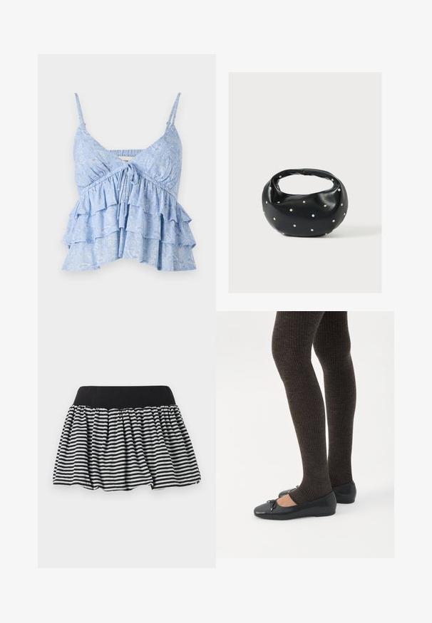Lyseblå, mønstret cami med justerbare spaghetti-stropper, der har en samlet bodice og lagdelt volangdesign. Blød stoftekstur.; Stribet sort og hvid nederdel med et samlet design og elastisk talje, lavet af blødt materiale. Har en udvidet form for fylde.; Ben iført mørke ribbede leggings kombineret med sorte balletsko med små sløjfedetaljer på hvid baggrund.; Sort læderhåndtaske med en rundet form, dekoreret med sølvnitter, og et kort håndtag. Glat tekstur og lynlåslukning.