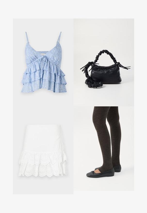 Lyseblå, mønstret cami med justerbare spaghetti-stropper, der har en samlet bodice og lagdelt volangdesign. Blød stoftekstur.; Hvid bomuldsnederdel med lagdelt flæse-design og øjelet broderi i kanten. Glat tekstur, længde over knæet.; Ben iført mørke ribbede leggings kombineret med sorte balletsko med små sløjfedetaljer på hvid baggrund.; Sort kunstlæder håndtaske med krokodilteksur, indsnøret top og en sammenkrøben rem. Ser blød og kompakt ud i designet.