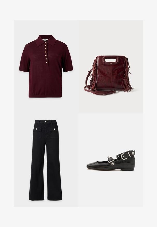 Polo à manches courtes couleur bordeaux foncé avec un col large et une rangée de sept boutons dorés au centre devant.; Pantalon noir à jambes larges, taille haute, deux poches avant à rabat avec boutons argentés, passants de ceinture et fermeture frontale à boutons.; Ballerine en cuir verni noir avec un bout carré, sangle de cheville avec des détails en métal argenté et semelle plate. Texture lisse avec un design minimaliste.; Sac à main carré en cuir bordeaux avec poignée découpée, détails de franges latérales et bandoulière réglable sur fond uni.