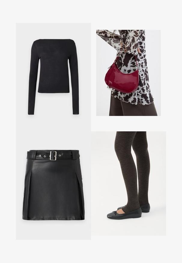 Chemise noire à manches longues avec un décolleté droit et une coupe ajustée, fabriquée dans un matériau doux et léger. Simple et unie sans motifs.; Jupe mini en faux cuir noir avec un design ajusté, des plis latéraux et une ceinture avec une boucle argentée et des œillets. Texture lisse, taille haute.; Jambes portant des leggings côtelés foncés associés à des ballerines noires avec de petits détails en nœud sur fond blanc.; Femme portant un chemisier à motif noir et blanc tenant un sac à main rouge brillant sur un fond uni.