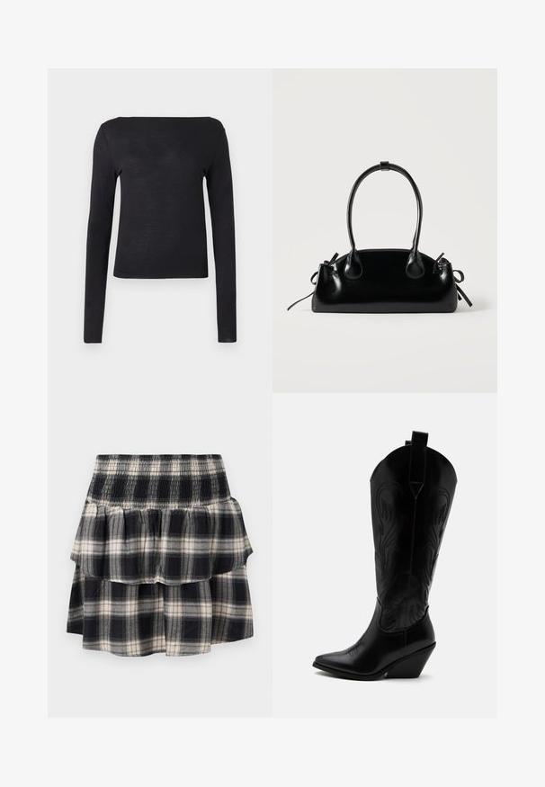 Chemise noire à manches longues avec un décolleté droit et une coupe ajustée, fabriquée dans un matériau doux et léger. Simple et unie sans motifs.; Jupe à volants à carreaux noir et blanc avec taille smockée. Avec des couches froncées et une texture douce en coton.; Botte de cowboy en cuir noir avec bout pointu, talon bloc incliné, couture décorative et languettes en haut sur fond blanc.; Petit sac à main noir brillant avec deux longues anses et des détails à cordon sur les côtés sur un fond clair uni.