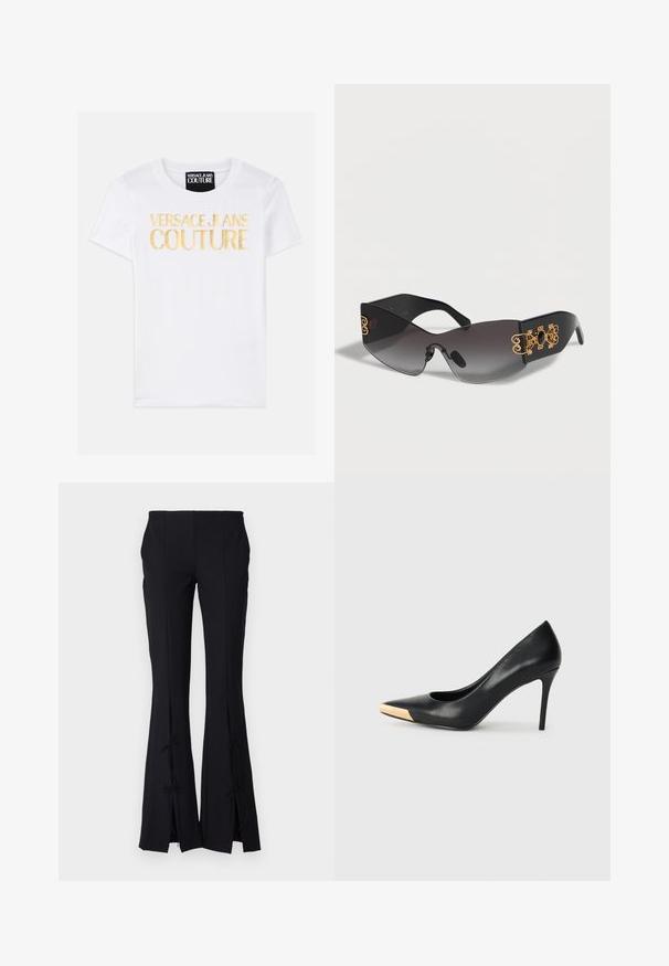 Hvid bomulds T-shirt med iøjnefaldende gul tekst, der står "VERSACE JEANS COUTURE" på fronten. Klassisk crew neck-design, korte ærmer.; Sorte flagrende bukser lavet af et glat stof, med slids ved kanten der er bundet med sløjfer for ekstra detalje.; Sort læder stiletter med spids tå; har et metalisk guldakcent på tåkapperne. Glat overflade med et strømlinet design.; Sorte wraparound solbriller med mørke gradientlinser og gyldne udsmykninger på brede stel.