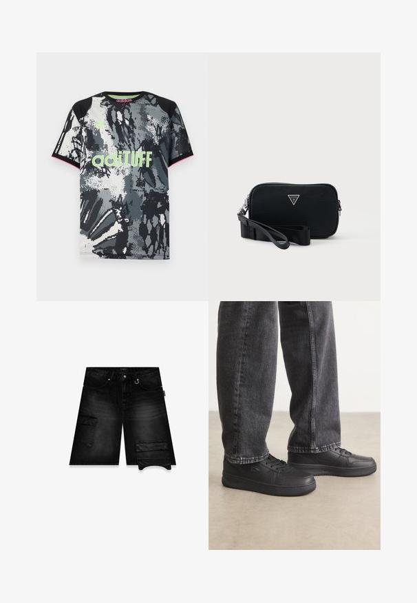 Kortærmet sports T-shirt med rund hals i sort, hvid og grå abstrakt print; har neongrøn "adiTUFF" logo og lyserøde accenter.; Sorte denimshorts med en afslappet pasform, to frontlommer og en sidelomme med klap. Fremstillet af holdbart materiale.; Sorte lædersneakers med flade snørebånd, glat overflade, subtile perforeringer og logo detaljer, parret med mørke denim jeans.; Sort rektangulært Guess-armbånd med tekstureret overflade og sølvfarvet trekantet logo foran, med aftagelig rem.