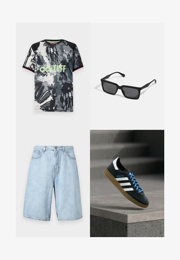 Korte mouwen, ronde hals sportshirt met een zwart-wit-grijze abstracte print; voorzien van een neon groene "adiTUFF" logo en roze accenten.; Lichtblauwe denimshorts met een ontspannen pasvorm, voorzien van twee voorzakken, een ritsfly en zichtbare stiksels.; Zwarte Adidas-sneaker met witte strepen, blauwe veters en een gumzool die boven een grijze betonnen trede zweeft in zacht licht.; Zwarte zonnebril met rechthoekige lenzen, matte afwerking, dikke montuur en slanke veren met subtiele merkaanduiding.