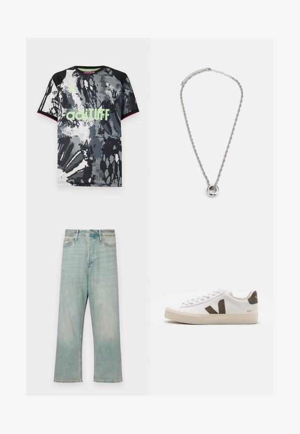 Camiseta deportiva de manga corta y cuello redondo con un estampado abstracto en negro, blanco y gris; presenta un logo "adiTUFF" en verde neón y acentos en rosa.; Jeans de mezclilla azul claro con un corte relajado, piernas rectas y un acabado desgastado; cuenta con un cierre clásico de botón y cremallera.; Zapatillas de cuero blanco con una suela de goma beige claro. Presenta un logo en forma de V de gamuza marrón y una pestaña en el talón. Cierre con cordones y superficie texturizada.; Collar de metal en tono plateado que presenta un diseño de cadena retorcida y un colgante circular con un acabado pulido.