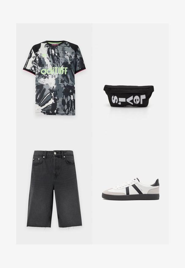 Camiseta deportiva de manga corta y cuello redondo con un estampado abstracto en negro, blanco y gris; presenta un logo "adiTUFF" en verde neón y acentos en rosa.; Pantalones cortos de mezclilla negra con un corte recto, que presentan un dobladillo ligeramente deshilachado, trabillas para cinturón, cinco bolsillos y botones en tono plateado.; Zapatilla blanca con acentos en negro y gris, que presenta una puntera texturizada en gris, suela de goma negra y cordones planos blancos. Diseño limpio, estilo minimalista.; Bolsa de tela negra con forma plana, que presenta texto blanco en negrita. El cierre de cremallera se encuentra en la parte superior, con un detalle de asa en un lado.