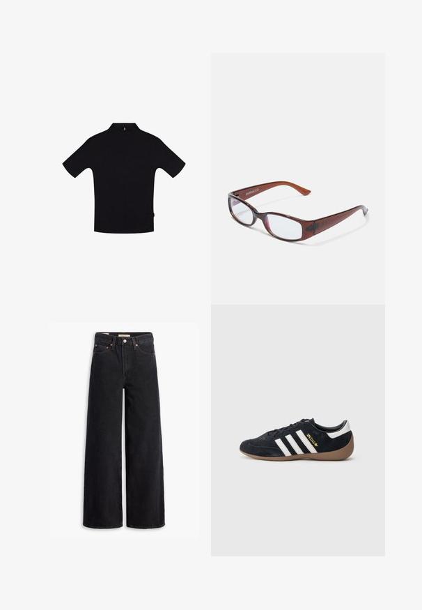 Sort kortærmet t-shirt med høj krave og lynlås bagpå. Fremstillet af et glat stof med et minimalistisk design og uden synlige mønstre.; Sorte brede benjeans lavet af denim, med fem lommer, kobbernitter og en klassisk knaplukning. Glat tekstur med et rent design.; Sort ruskindssneaker med tre hvide striber, gummisål og et lille gyldent logo på siden. Har en glat sort foring indvendigt.; Brune-farvede rektangulære briller med en glat overflade, der har slanke arme og gennemsigtige linser. Logoet er synligt på venstre temple.