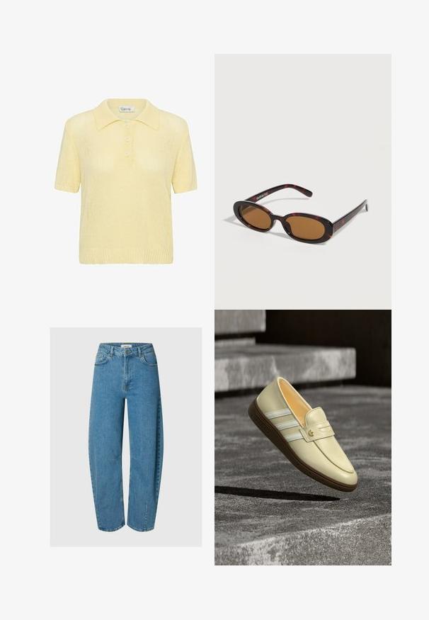 Polo de punto de manga corta color amarillo claro con puños, cuello, dobladillo acanalados y tres botones delanteros.; Vaqueros azules de talle alto y pernera ancha con botón delantero, cierre de cremallera, trabillas para cinturón y bolsillos delanteros y traseros sobre un fondo liso.; Mocasín beige de Adidas con rayas blancas y suela marrón flotando sobre escalones de piedra texturizada al aire libre.; Gafas de sol ovaladas con montura carey, lentes tintadas en marrón y varillas delgadas apoyadas sobre una superficie blanca.