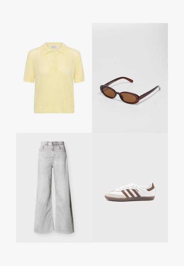 Polo de punto de manga corta color amarillo claro con puños, cuello, dobladillo acanalados y tres botones delanteros.; Jeans de pierna ancha color gris claro hechos de mezclilla, con cintura alta, bolsillos delanteros y cierre de botones. Textura suave con un aspecto ligeramente desvanecido.; Zapatilla blanca Adidas Samba con franjas de ante marrón, suela de goma marrón y puntera de ante beige, vista desde el lado exterior sobre un fondo liso.; Gafas de sol redondas con tinte marrón y un marco burdeos brillante. Patillas delgadas con un sutil detalle de marca. Diseño de lentes planos.