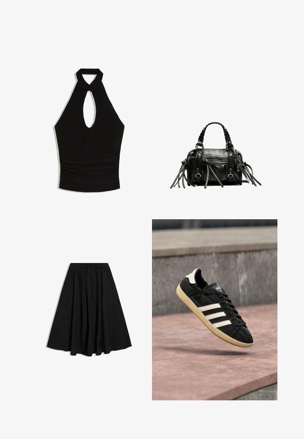 Black halter neck crop top with keyhole cutout front and gathered waist detail.; Black A-line midi skirt with elastic waistband and subtle pleats, displayed on a white background.; Black Adidas sneaker with white stripes and beige sole, captured mid-air above a stone surface and stone wall background.; Black leather handbag with braided handles, textured surface, zippered front pocket, and decorative fringe accents. Compact and structured shape.