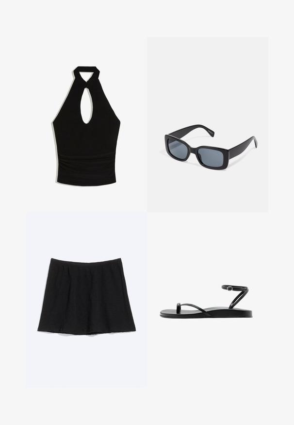 Musta halter-tyylinen crop top, jossa on etuosassa avonainen rei’itys ja röyhelöity vyötärön yksityiskohta.; Mustaa A-linjainen minihame, jossa pehmeä kangas ja lievästi kerätyt yksityiskohdat vyötäröllä, esitetty yksinkertaisella valkoisella taustalla.; Musta tasapohjainen sandaali ohuilla remmeillä, varvaslenkillä ja nilkkaremillä, jossa pieni pyöreä solki, esitetty sivuprofiilissa.; Mustat suorakulmaiset aurinkolasit tummilla tummennetuilla linsseillä, paksu muovikehys ja leveät tempurit. Sileä pinta ja kulmikas muotoilu.