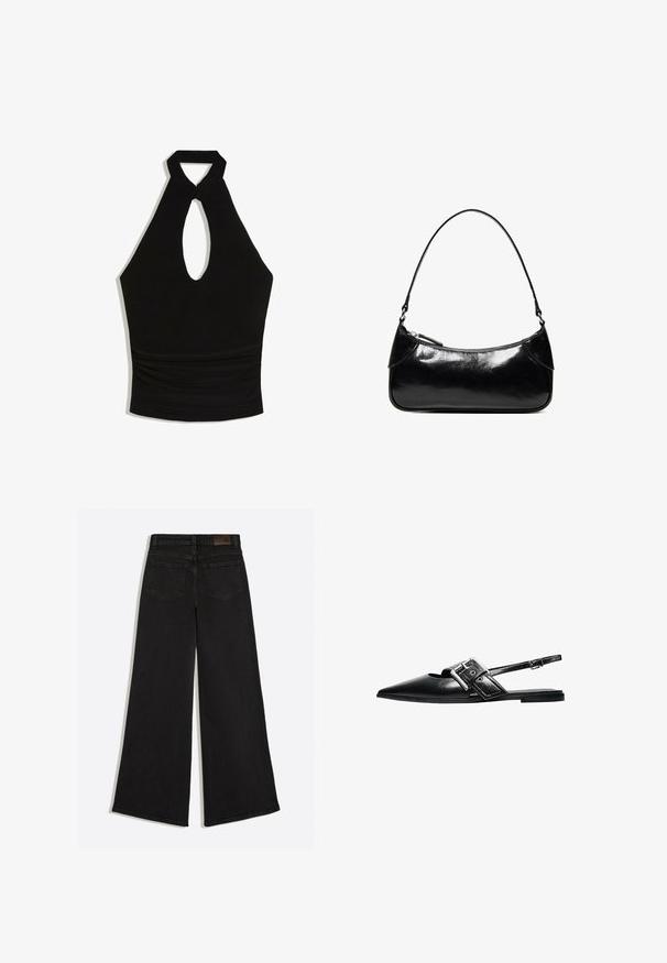 Black halter neck crop top with keyhole cutout front and gathered waist detail.; Wide-leg black denim jeans shown from the back with two rear pockets and belt loops on the waistband.; Black leather pointed slingback flat shoe with wide buckle strap and thin adjustable ankle strap.; Black glossy leather shoulder bag with a single zippered compartment and a thin strap curved into an arch shape.