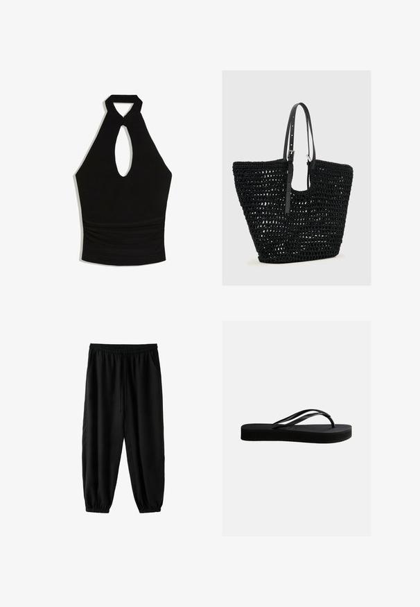 Zwart halter crop top met keyhole uitsnede aan de voorkant en geplooide taille detail.; Zwarte casual broek met elastische tailleband, trekkoord, zijzakken en elastische boorden bij de enkels, getoond tegen een witte achtergrond.; Zwarte rubberen teenslipper met gestructureerd zool en Y-vormige band, zijaanzicht op een effen lichte achtergrond.; Zwarte geweven tote bag met open weving en twee verstelbare dunne leren schouderbandjes met zilveren gespen.