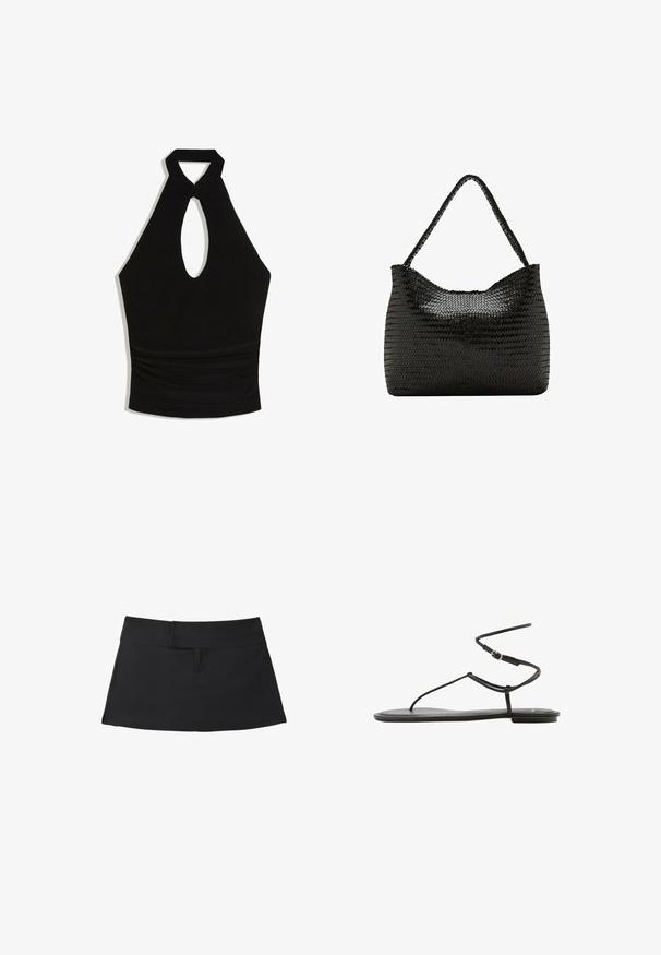 Sort halter crop top med nøglehul foran og detaljer med rynket talje.; Sort kort nederdel med bredt linning og enkle sømdetaljer, lagt fladt på en hvid baggrund.; Sort flad sandal med tynde stropper og ankelrem med spænde, minimalistisk design, set fra siden på hvid baggrund.; Sort skuldertaske i vævet læder med et enkelt flettet håndtag og en blød, afrundet rektangulær form.