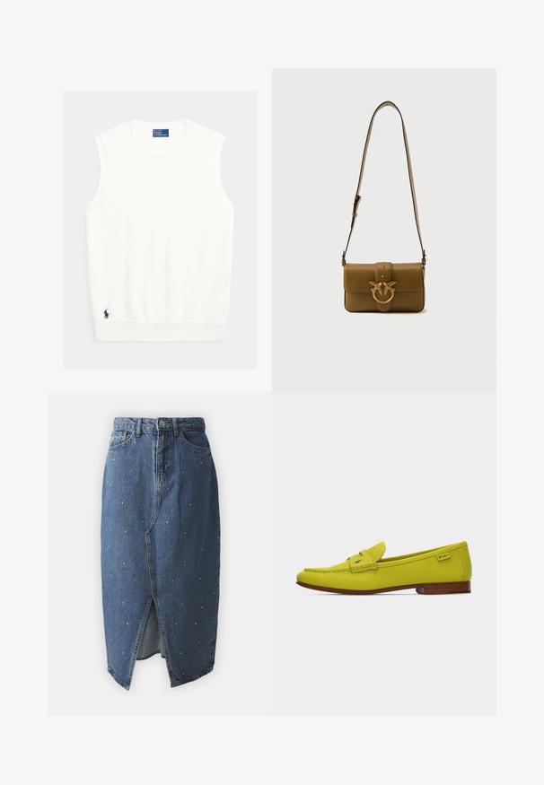 Valge varrukateta topp pehmest kangast, millel on soonikuga kaelus ja serv. Väike tumesinine logo vasaku alumise nurga juures.; Denim midi seelik ees oleva lõhkkäiguga, millel on kaunistused väikeste vääriskividega. Omab vööga taljet ja klassikalist viit tasku disaini.; Helekollane nahast mokassiin pruunika tallaga, õmmeldud detailide ja väikese Polo brändi sildiga kanna külje peal.; Olivrohelise nahast õlakott reguleeritava rihmaga ja kullatooni linnukujulise rõngasluku eesmisel klapil.
