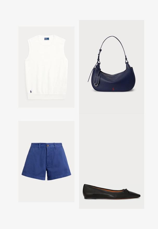 Witte mouwloze top van zachte stof, met een geribde halslijn en zoom. Klein marineblauw logo geborduurd in de linkerbenedenhoek.; Blauwe katoenen shorts met hoge taille, een knoopsluiting aan de voorkant, riemlussen en zijzakken tegen een effen achtergrond.; Zwarte leren balletschoenen met een spitse neus, slanke silhouet en een klein strikdetail aan de voorkant. Gladde textuur en minimalistisch ontwerp.; Marineblauwe leren hobo-tas met een gebogen vorm, een gestructureerde afwerking, een verstelbare schouderriem en een klein rood logo-accent aan één kant.