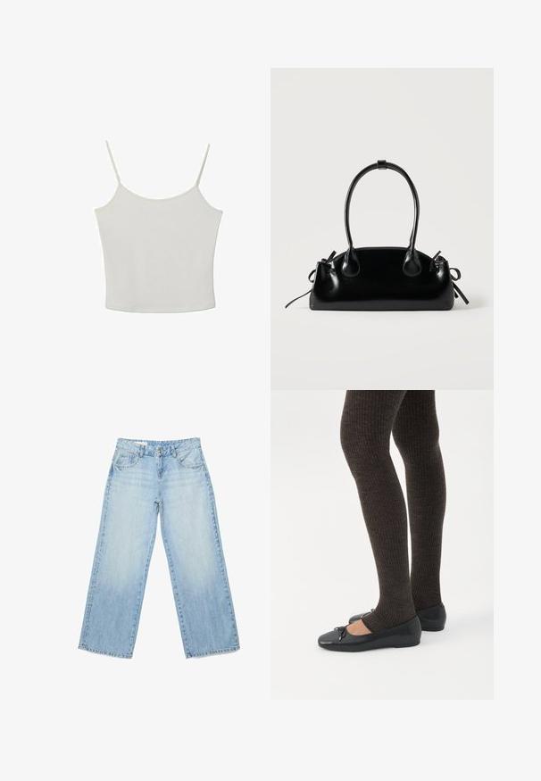 Stradivarius TOP - Débardeur - beige; Stradivarius LOOSE STUDDED - Wide Leg - mottled royal blue; Jambes portant des leggings côtelés foncés associés à des ballerines noires avec de petits détails en nœud sur fond blanc.; Petit sac à main noir brillant avec deux longues anses et des détails à cordon sur les côtés sur un fond clair uni.