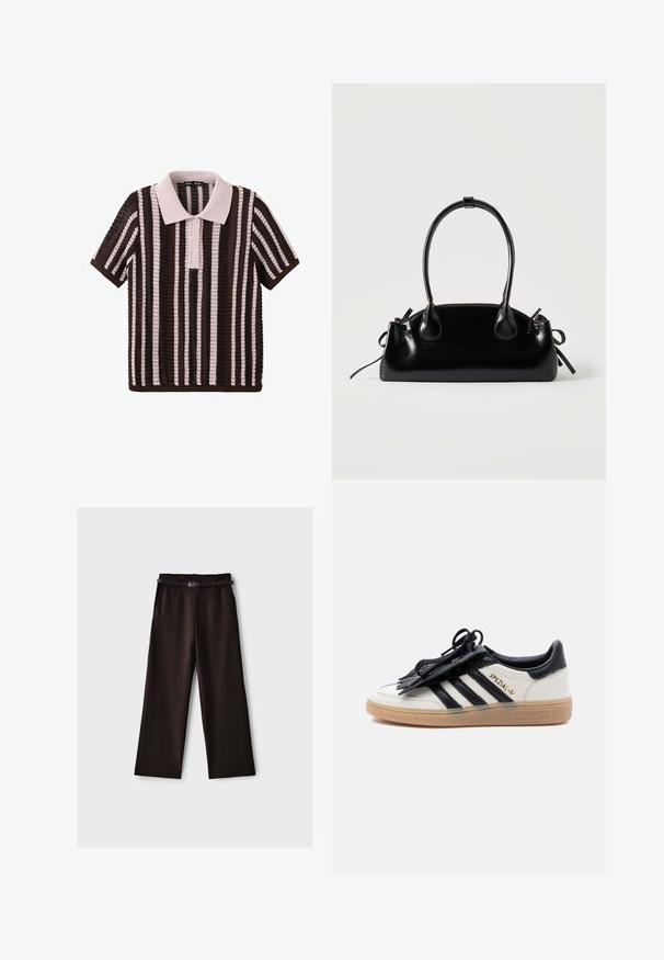 Polo en maille à manches courtes avec rayures verticales marron et rose clair et trois boutons sur le devant.; Pantalon noir à jambes larges avec ceinture noire, poches avant et taille haute, présenté sur un fond uni gris clair.; Baskets Adidas Spezial blanches et noires avec semelle en gomme, bandes noires et cache-lacets noir sur un fond clair uni.; Petit sac à main noir brillant avec deux longues anses et des détails à cordon sur les côtés sur un fond clair uni.