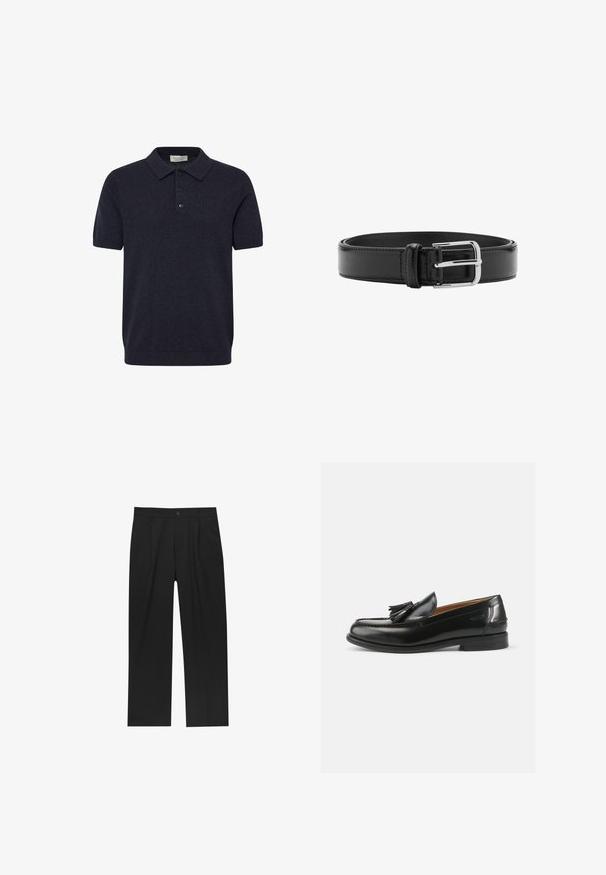 Polo à manches courtes bleu marine en tissu maille, doté d'un col classique, d'une patte de boutonnage à trois boutons et de poignets et ourlet côtelés.; Pantalons noirs au design droit, fabriqués à partir d'un tissu lisse. Dotés de plis sur le devant et d'une fermeture à un bouton à la taille.; Mocassins en cuir noir avec un accent de gland, un bout arrondi et une finition lisse. La semelle est plate avec un motif de trottoir minimal.; Ceinture en cuir noir avec coutures visibles et boucle argentée brillante, posée à plat en position enroulée sur un fond blanc.