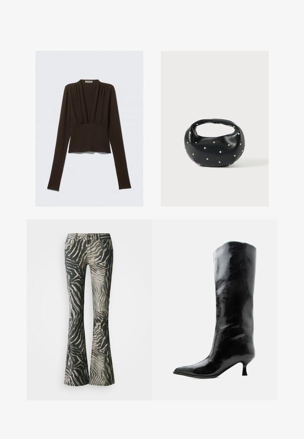 Brun langærmet top med v-hals, indsamlet detalje ved skuldrene og en tætsiddende talje. Fremstillet af strækstof for komfort.; Bredde jeans i et sort og beige zebra mønster, fremstillet af denim materiale, med fem-lomme design og synlige syninger.; Sort skinnende knæhøj læderstøvle med spids tå og lav buet hæl på en ensfarvet lys baggrund.; Sort læderhåndtaske med en rundet form, dekoreret med sølvnitter, og et kort håndtag. Glat tekstur og lynlåslukning.