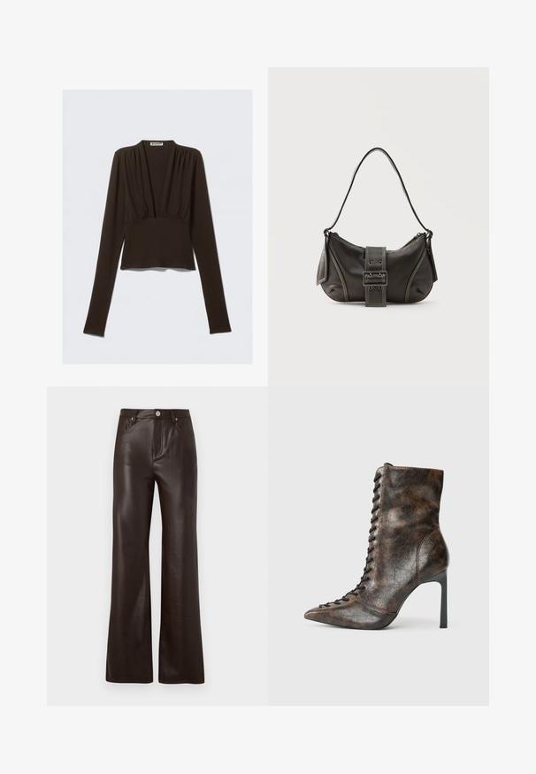 Brun langærmet top med v-hals, indsamlet detalje ved skuldrene og en tætsiddende talje. Fremstillet af strækstof for komfort.; Vero Moda Wide-leg VMTESSA High rise - Bukser - chocolate torte; Brun læder ankelstøvle med spidse tå og høj stilettohælh. Har snørebånd foran og en tekstureret finish i en krøllet mønster.; Sort læder skuldertaske med spænde på remmen, afrundede kanter og kontrasterende hvide syninger på en ensfarvet baggrund.